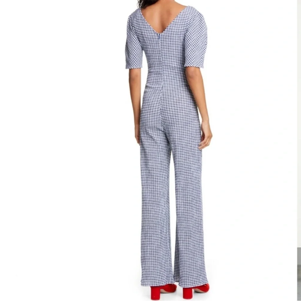 Staud Fraise Gingham Seersucker Ruched Short Sleeve Jumpsuit Navy New Size 6